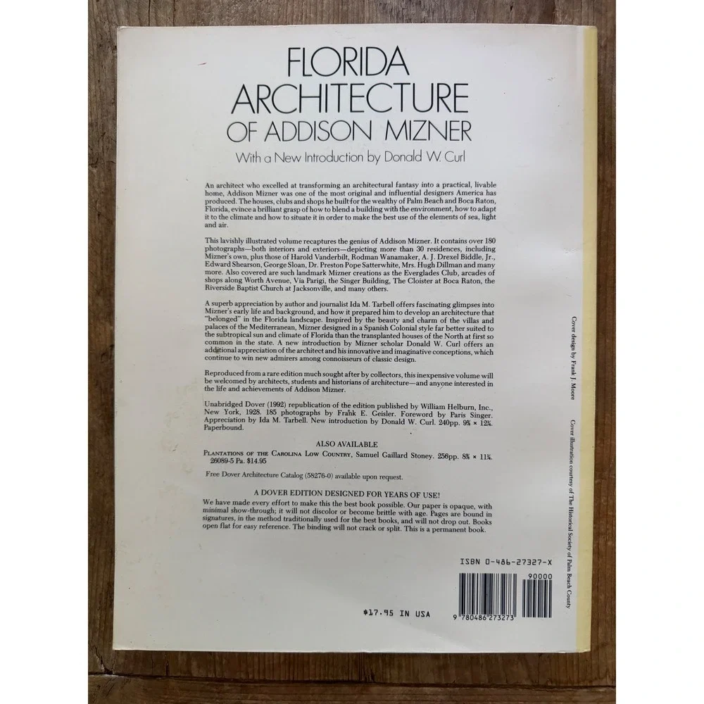 Florida Architecture of Addison Mizner Donald W Curl Dover 1992 Paperback Book